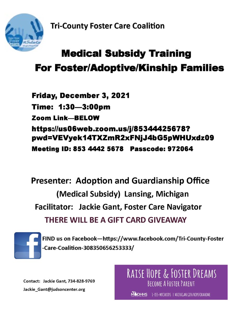 FCNavigators's tweet photo. Join the Tri-County Foster Care Coalition for a training on medical subsidies for families on Friday December 3rd, from 1:30 pm to 3:00 pm. Includes a gift card giveaway, don't miss it! More info here: https://t.co/xIloqiYIIS https://t.co/lHCxAtXOeb