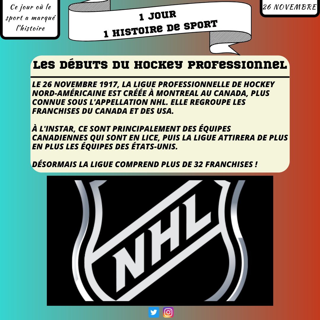 1Histoire2Sport's tweet photo. Il y a 104 ans, la NHL était créée ! 🏒 

#sport #hockey #nhl #canada #usa #hockeysurglace #26Novembre #histoiredesport #montreal #franchise https://t.co/qzH4a1BALQ