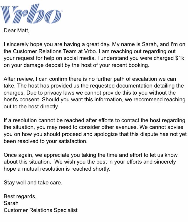 johnnymatthew80's tweet photo. @vrbo oh you mean your host who will not respond to messages on this matter

Translation

“We know you got fucked but aren’t willing to help because once we have your money we couldn’t care less about our guests” 

#vrbo #vrboscam #boycottvrbo https://t.co/pLWZid8IpO