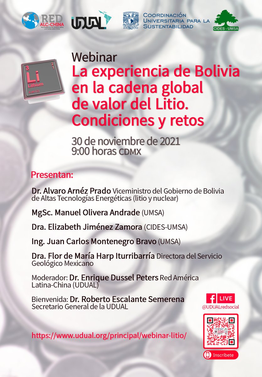 UmsaCides's tweet photo. LA EXPERIENCIA DE BOLIVIA EN LA CADENA GLOBAL DE VALOR DEL LITIO. CONDICIONES Y RETOS
Los interesados pueden inscribirse en el siguiente link:
https://t.co/HoZTvAOJeN
Fecha: 30 de nov de 2021
Hrs: 9:00 horas CDMX https://t.co/Gjdwvvr43P