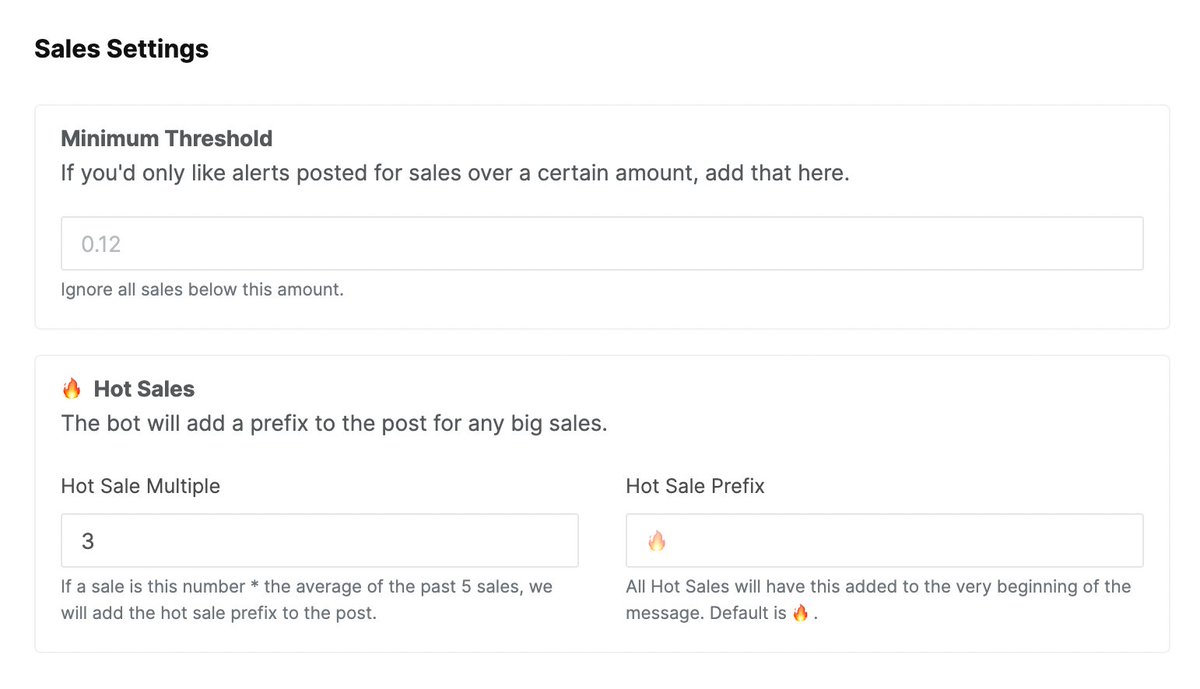 Big updates to your bots today:
🔥 Hot Sales Alert settings
🐦 Twitter prefix and suffix
💬 Huge improvement to the Discord bot
💰 Only post sales above a minimum sales price