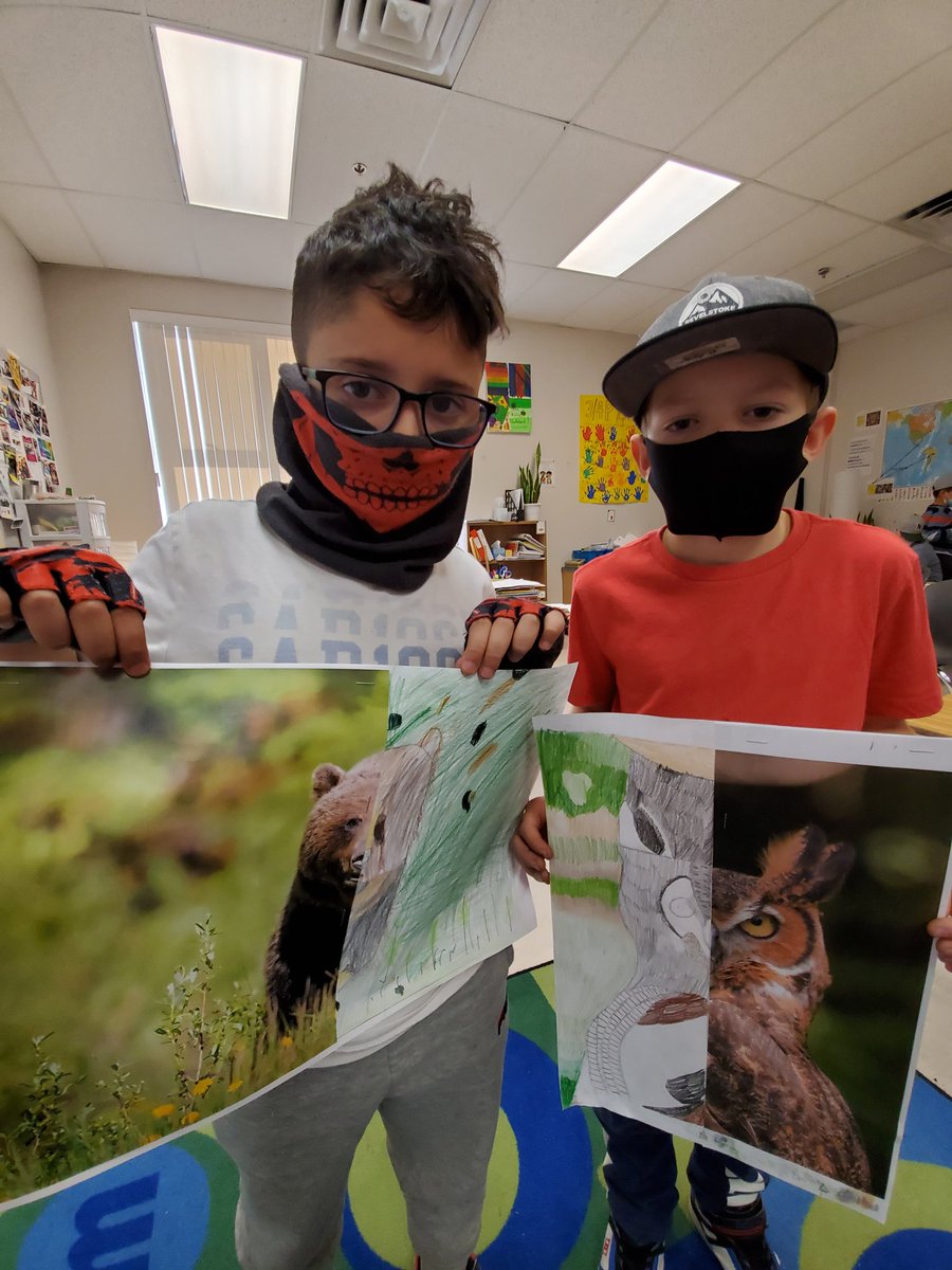 We've been learning about #symmetry. We showed our understanding by drawing the other half of animals from different regions of Alberta. <a href="/PrairieWaters/">Prairie Waters</a>