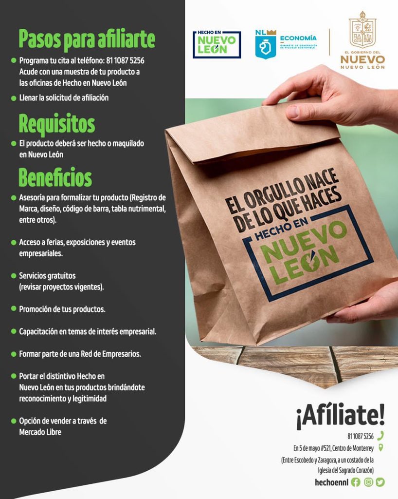 Economia_NL's tweet photo. ¡Afíliate a Hecho en Nuevo León!

Si tu producto es hecho o maquilado en Nuevo León y te gustaría formalizarlo, acércate a @hechoennl y obtén grandes beneficios.

Contacto: 
📞 8110875256
✉️ hechoennl@nuevoleon.gob.mx
📍 5 de mayo #521, Centro de Monterrey 

#NuevoNL #Economía https://t.co/c1amm0MzQ4