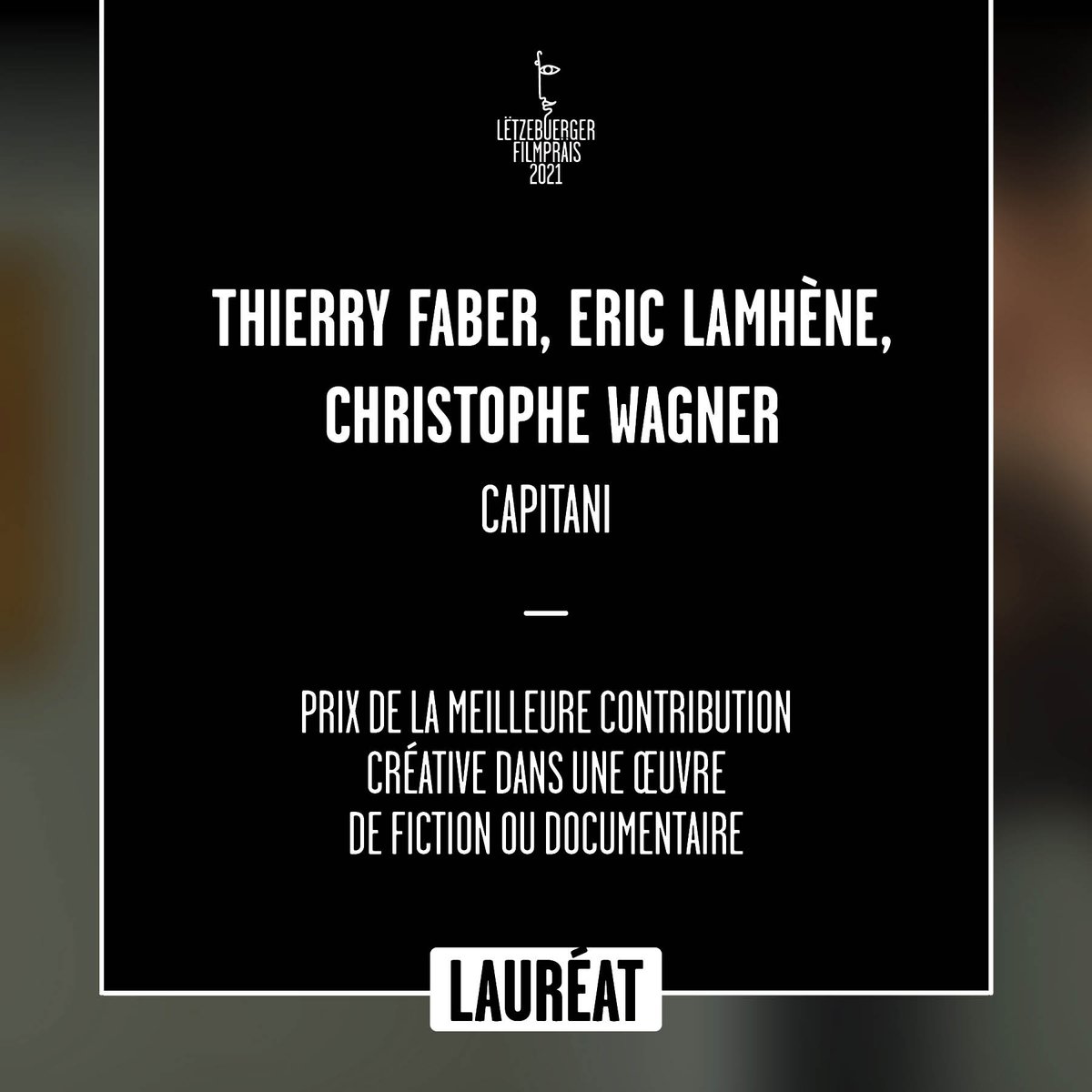 Nous sommes excités de vous présenter encore un gagneur du #filmprais2021✨  T. Faber, E. Lamhène, C. Wagner remportent le 'Prix de la meilleure contribution créative dans une œuvre de fiction ou documentaire' 👏 

#filmsmadeinluxembourg <a href="/DFilmakademie/">D'Filmakademie</a>