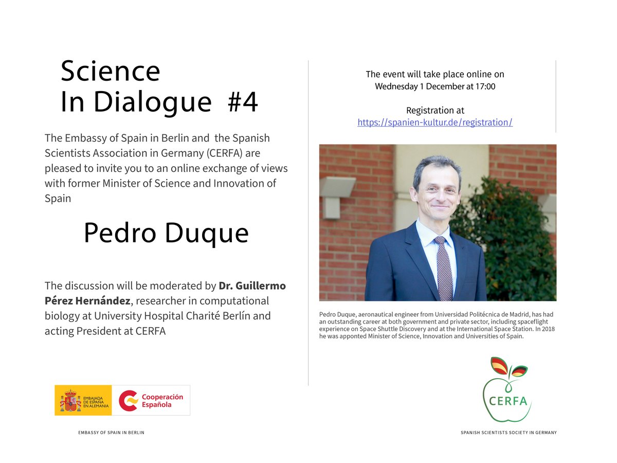 We invite you to our next open online discussion, where our guest speaker will be former Minister of Science, Innovation and Universities of Spain, <a href="/astro_duque/">Pedro Duque</a> on 1st of December at 17:00 moderated by <a href="/Guille_PH/">Guillermo Pérez Hernández</a>, acting President at CERFA.
link:  spanien-kultur.de/registration/