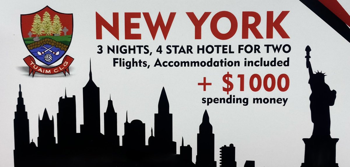 TuaimCLG's tweet photo. WIN A TRIP TO NEW YORK🗽 It Could Be You! ✈️ 
Want to win a trip to New York City for 2 people + $1,000 spending money🤩

Ticket cost: 1 for €20 or 3 for €50

For tickets contact via any of the Toome social media pages or call/text Jim on 0866000339
T&amp;C’s Apply. Draw 31/03/22 https://t.co/MGjzKRwFCs