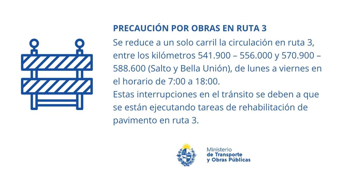 mtopuy's tweet photo. ⚠️ Precaución por obras en ruta 3, entre #Salto y #BellaUnion

🚧Se solicita a los usuarios tomar las precauciones del caso, así como respetar la señalización de obra existente y las velocidades máximas de circulación.

👌Agradecemos su comprensión y colaboración. https://t.co/TwemIDsGGS