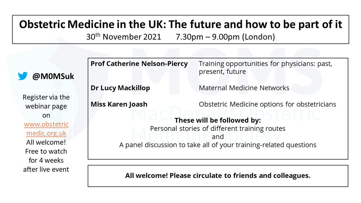 M0MSuk's tweet image. ⭐⭐⭐Webinar alert!⭐⭐⭐

Free webinar: Tues 30.11.21 7.30pm

Obstetric Medicine in the UK: the future and how to be part of it

Hearing from 
@nelson_piercy
@karenjoash
@LucyMackillop
 and others about training options.

All welcome! Register here: us02web.zoom.us/webinar/regist…