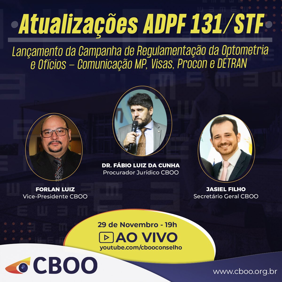 CBOOBrasil's tweet photo. 🟨 Vamos conversar sobre:
🟨Atualizações ADPF 131/STF
🟨Campanha de Regulamentação da Optometria 
🟨Ofícios - Comunicação MP, VISAs, DETRAN.

Esses assuntos são importantes para você❓ Participe AO VIVO

Dia 29/11/21 (segunda-feira) às 19h pelo youtube CBOO* https://t.co/kIG4Wjy5MC