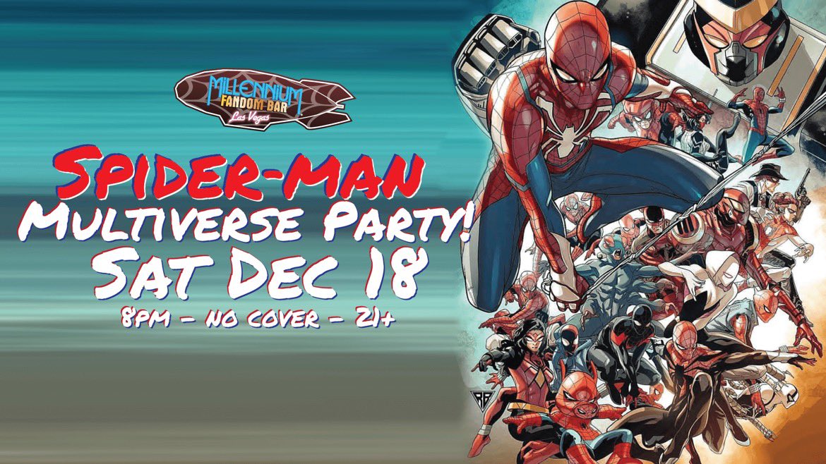 FandomBarLV's tweet photo. -SATURDAY Dec. 18th: Join us as we celebrate all things Spider-Man throughout the multiverse!
-8pm. No cover. 21+Only.
#MFBLV #Fandom #FandomBar #Cosplay #CosplayBar #LasVegas #FandomClans #MillenniumFandomBar #Marvel #MCU #Multiverse #SpidermanMultiverse #SpiderVerse #Spiderman https://t.co/OBN4osQMRj