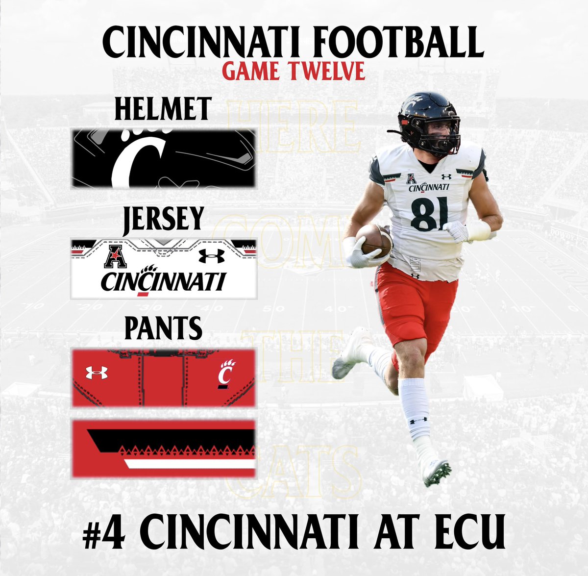 UCUniforms's tweet image. The #Bearcats will take the field in black helmets, white pants and red pants for the first time since 2013 and just the second time since 2005!

#BeatECU ⚫️⚪️🔴
