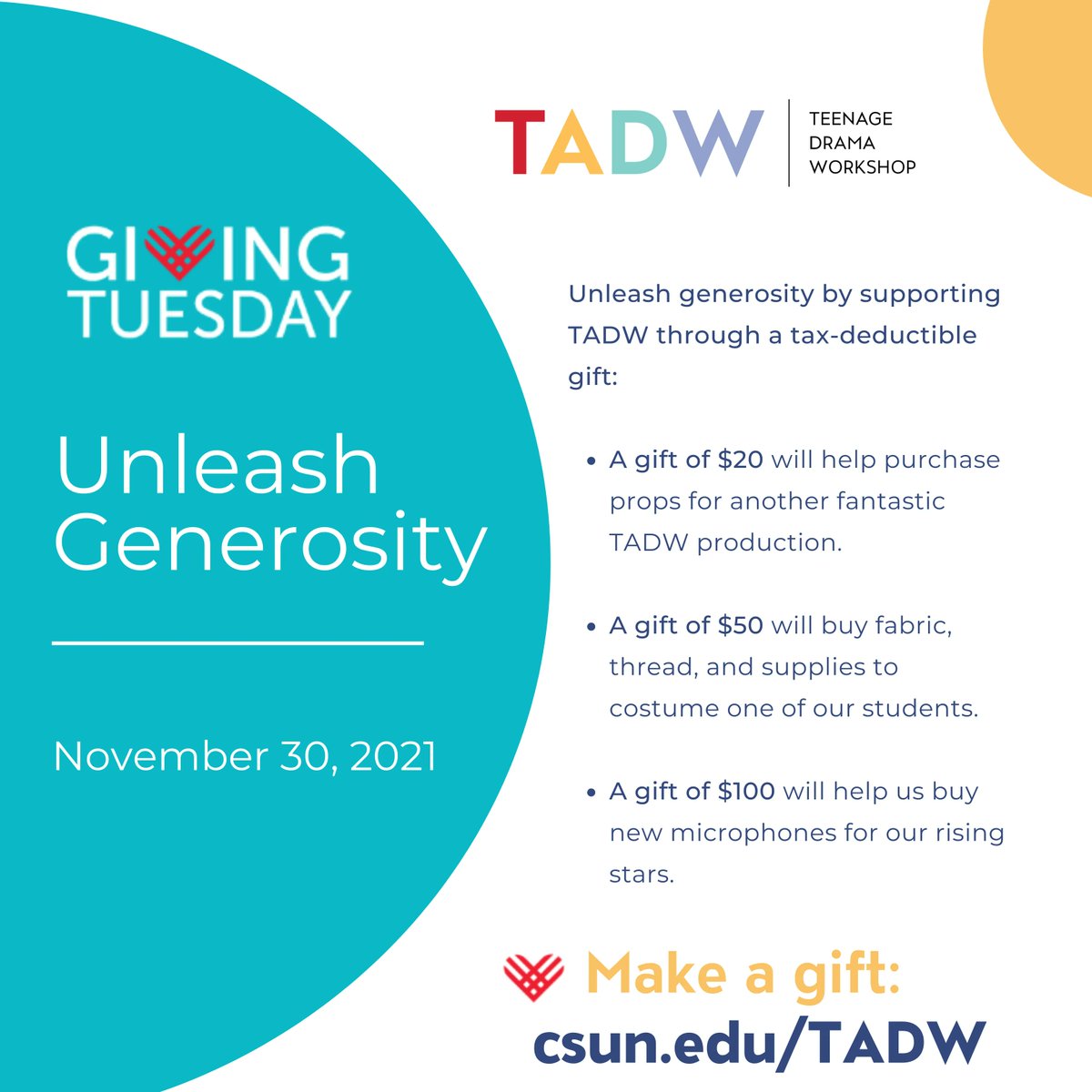 CSUNtadw's tweet photo. We’re in NEED OF YOUR HELP to establish a strong financial foundation to ensure that TADW will be around for another 65 years to come. 🕐⠀
⠀
🎁LINK TO MAKE A GIFT: https://t.co/qIio3Ona1P⠀
⠀
#tadw #GivingTuesday2021 https://t.co/mHFXKTZ0Mc