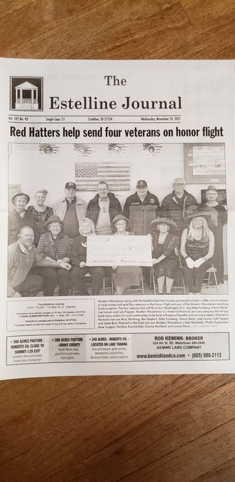 My Red Hat group The Chatty Hatters of Estelline got the front page of our newspaper! We raised enough
