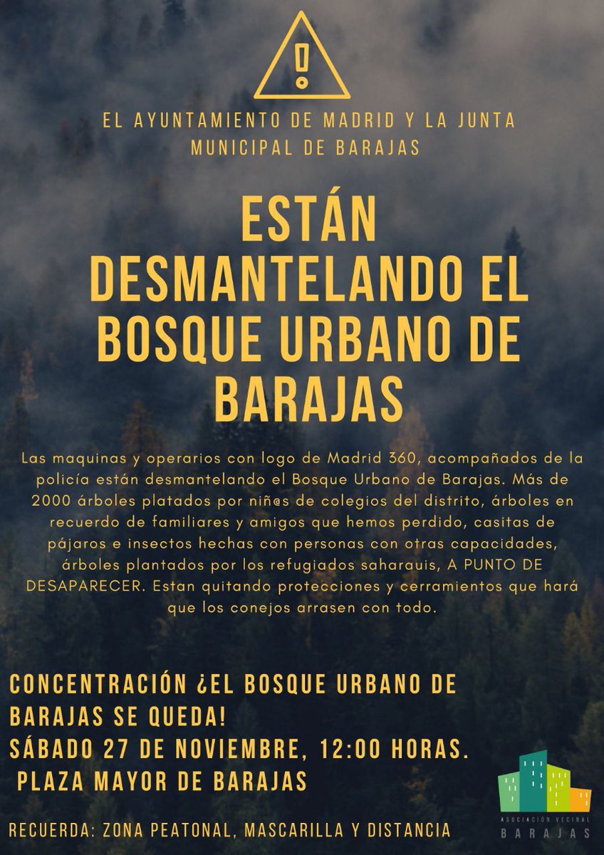 ¿Qué ha pasado para qué sin ningún diálogo o aviso, se desmantele el BOSQUE URBANO DE BARAJAS?
 ¡ Queremos una explicación!
<a href="/MADRID/">Ayuntamiento Madrid</a> 
<a href="/JMDBarajas/">Distrito de Barajas</a> 
 @SofiaMirandaCs