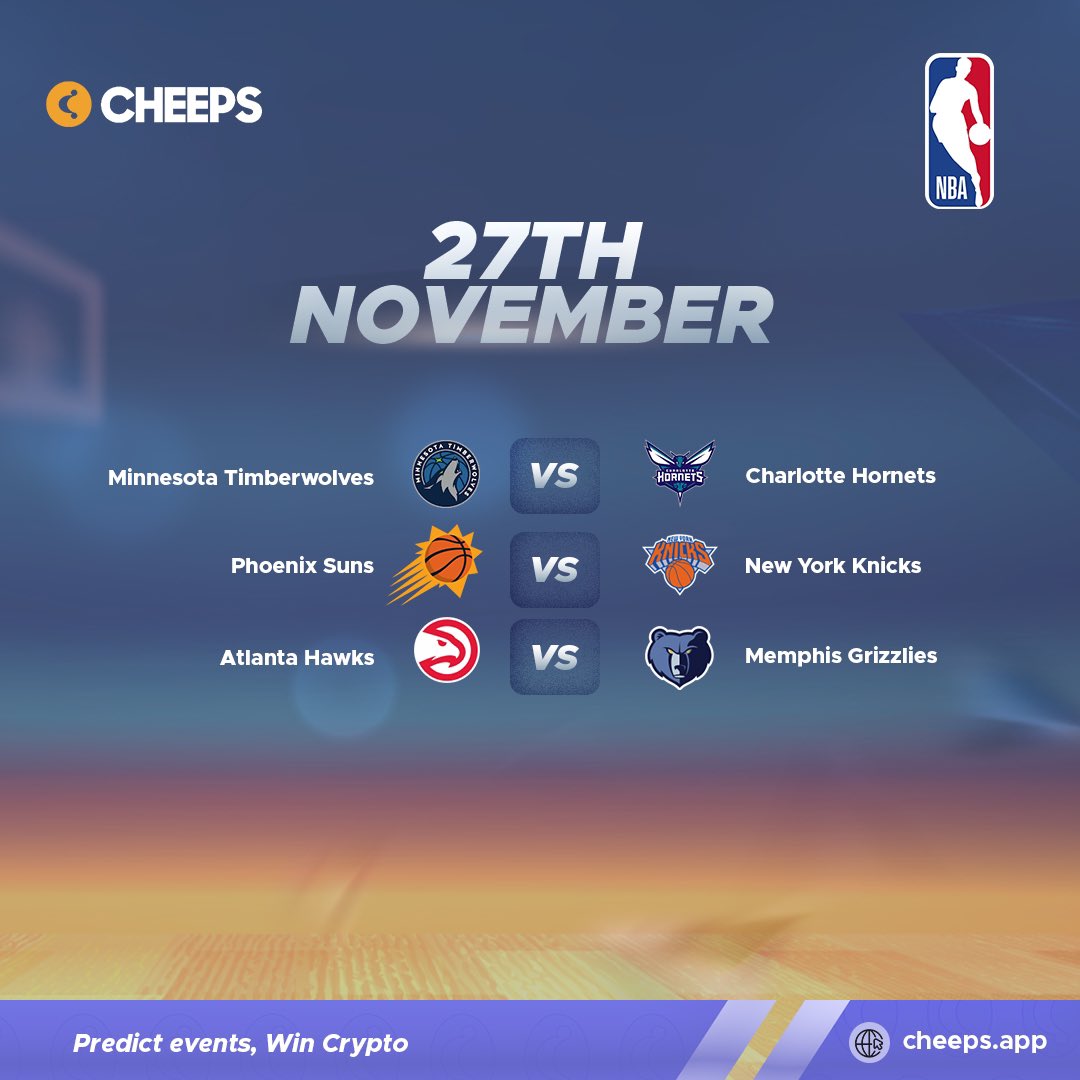 GetCheeps's tweet photo. Predict tomorrow’s NBA matches on Cheeps and earn USDT.

Markets close in a few hours.

⚡️https://t.co/hPb6BVZwV0⚡️

#GetCheeps #NBA #NBA75 https://t.co/k9pLOFqFFA