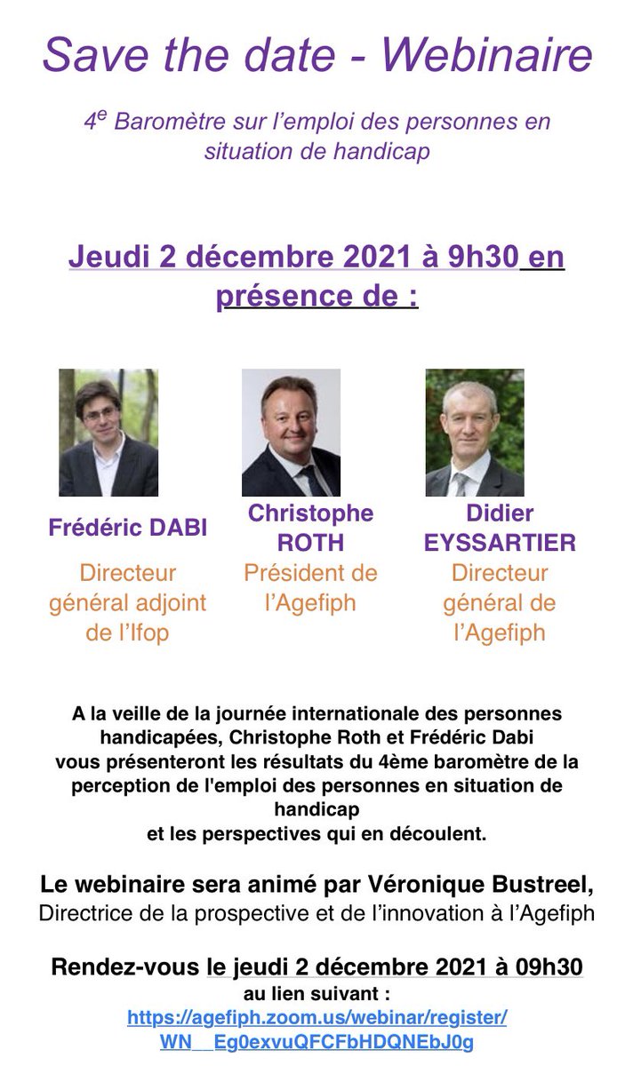 📈 Baromètre de la perception de l’#emploi des personnes en situation de #handicap : 4ème édition <a href="/Agefiph_/">Agefiph</a> X <a href="/IfopOpinion/">Ifop Opinion</a> 

Rendez-vous : 
📆jeudi 2 décembre 2021 
⏰ à 09h30 
💡veille de la journée internationale
#UNDPWD2021 #JIPH2021 

🖌S inscrire : 

agefiph.zoom.us/webinar/regist…