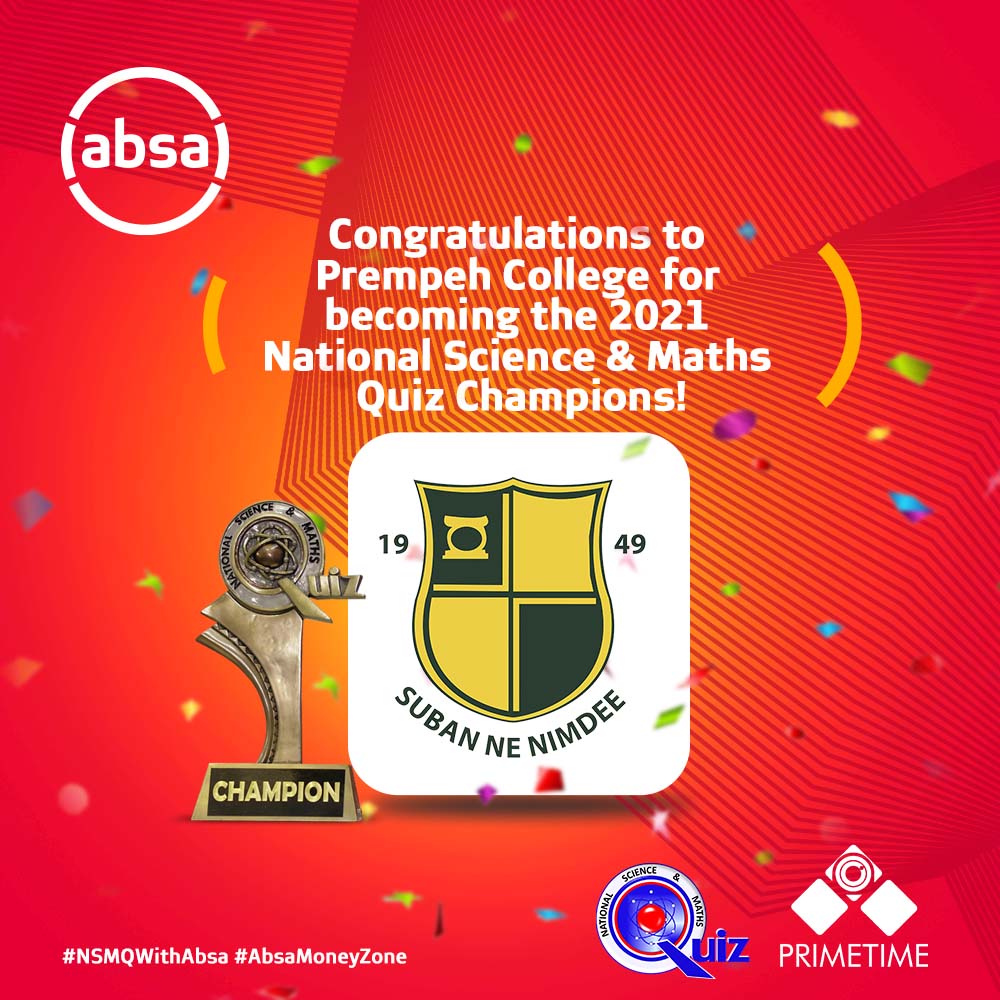 AbsaGhana's tweet photo. Congratulations to Prempeh College, the 2021 National Science &amp; Maths Quiz champions!
 
We are proud and honoured to be a part of their journey to winning this contest. It’s our way of helping the future generation get things done. That’s Africanacity. 

 #NSMQWithAbsa #NSMQ201 https://t.co/bypMSwuX5S