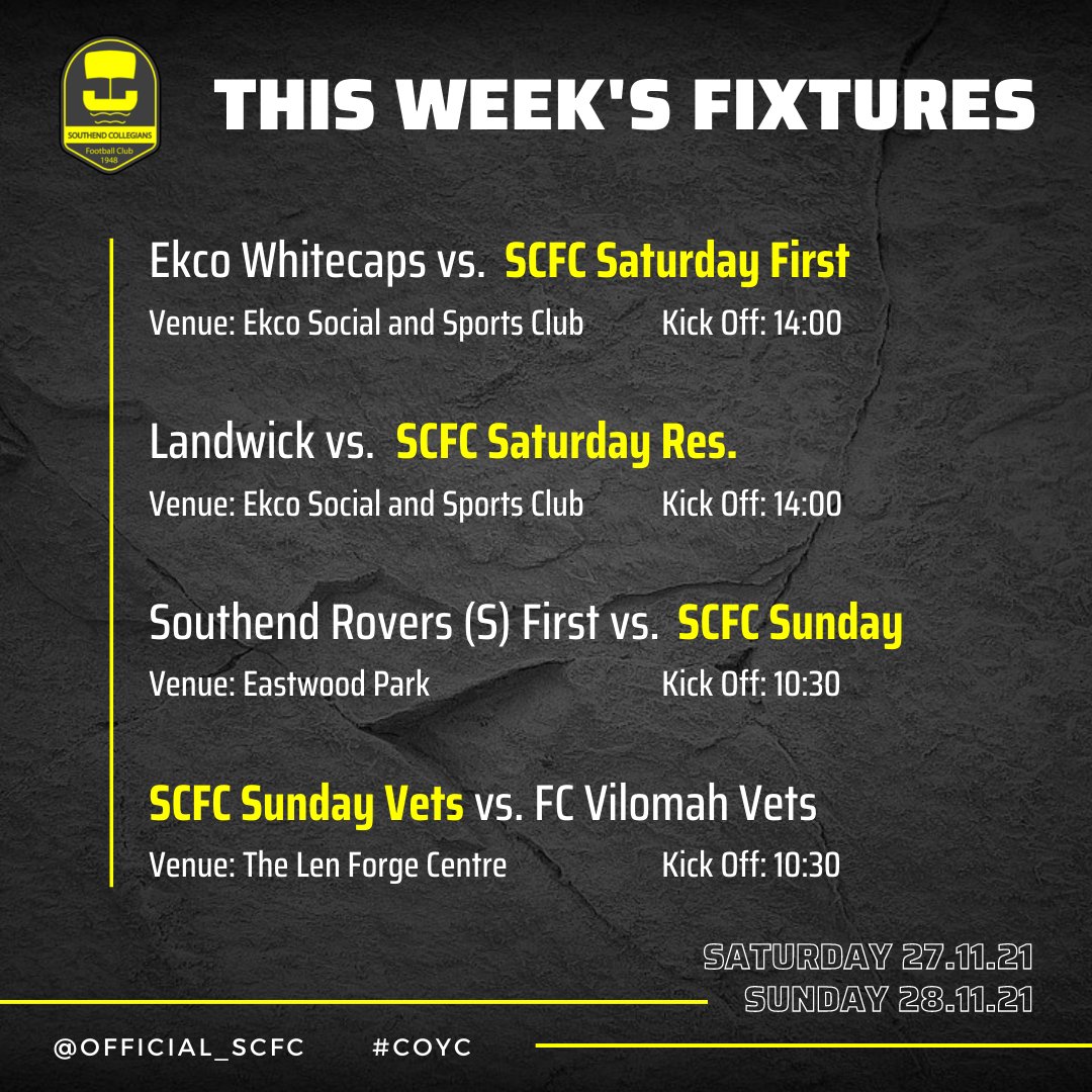 official_scfc's tweet photo. SCFC teams in action this week:
โฝSat Firsts, away to @EkcoWcapsFc
โฝSat Res, away to Landwick
โฝSun Team, away to @SouthendRovers (S) Firsts
โฝSun Vets, home to @FCVilomah Vets
@sbcvl80 @SBDFCL @SceptreLeague #southendfootball #essexfootball #saturdayfootball #sundayfootbal https://t.co/WTHhCm8Fwu
