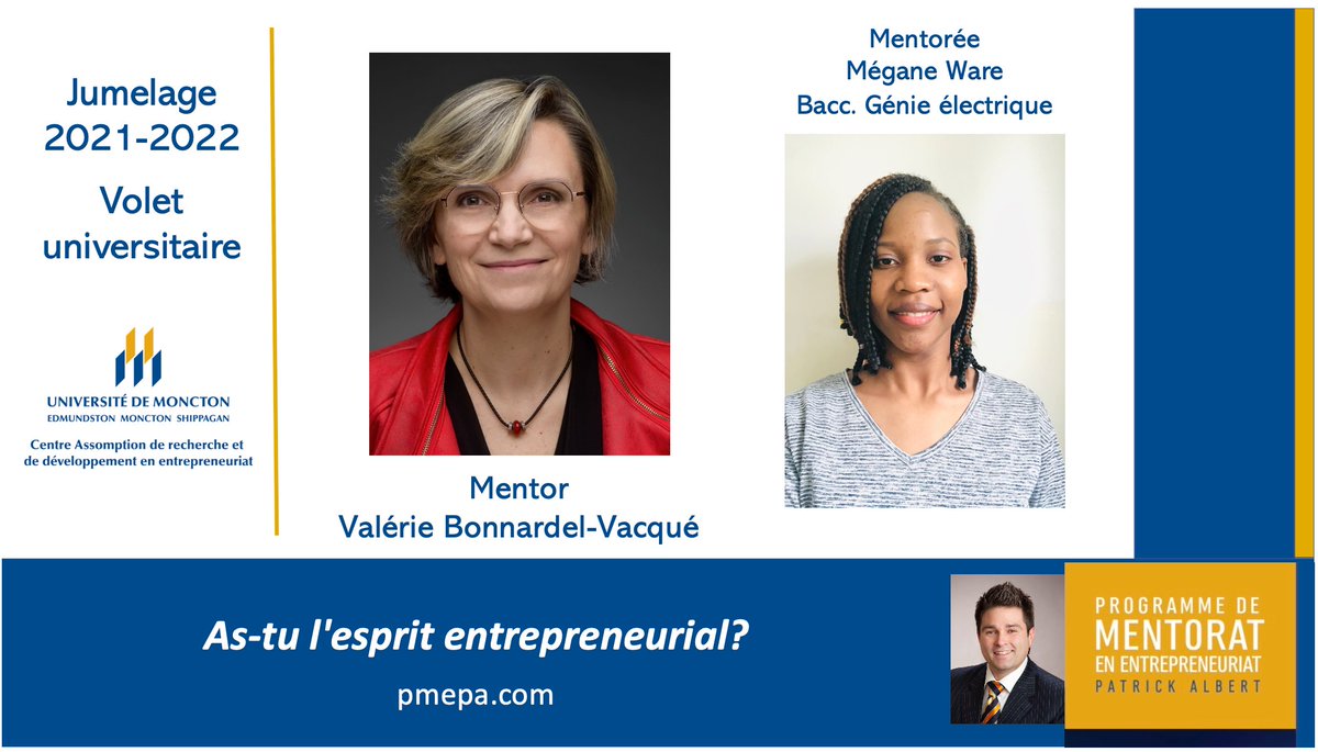 Un premier jumelage mentor-mentoré cette semaine: <a href="/valeriebonnard1/">Valérie Bonnardel-Vacqué</a> Directrice du Bureau de soutien à l'innovation (BSI) de l'Universtié de Moncton et Mégane Ware. 

Bonnes discussions!