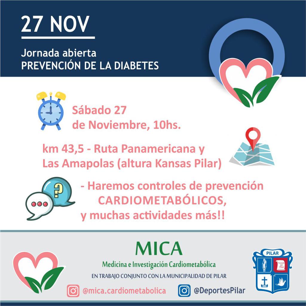 fertrillo05's tweet photo. Este sábado 27 a partir de las 9, @DeportesPilar @SaludMuniPilar y MICA Cardiometabólica organizan una Jornada de Prevención de la Diabetes en Panamericana y Las Amapolas. 

La actividad es gratuita y contendrá testeos y múltiples actividades.

¡Te esperamos! https://t.co/nMXJ0waL23