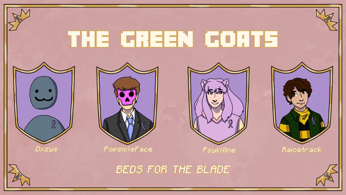 BedsForTheBlade's tweet photo. 🎗️ANNOUNCING THE GREEN GOATS🎗️

@dxzysLIVE @popsicleface4 @Psykl0ne13 Raicetrack

Watch them in Beds For The Blade, a charity Bedwars tournament to raise money for @CancerResearch, on Saturday December 4th at 3pm EST! https://t.co/laQIINIrXz
