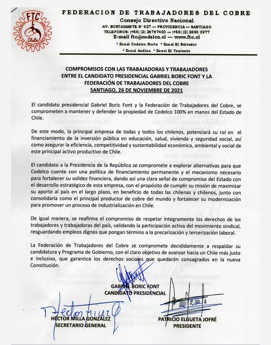 sindicatoSIIL's tweet photo. Candidato presidencial Gabriel Boric firmó compromiso con la Federación de Trabajadores del Cobre para mantener Codelco al 100% en manos del Estado https://t.co/lHDcZUfUWT