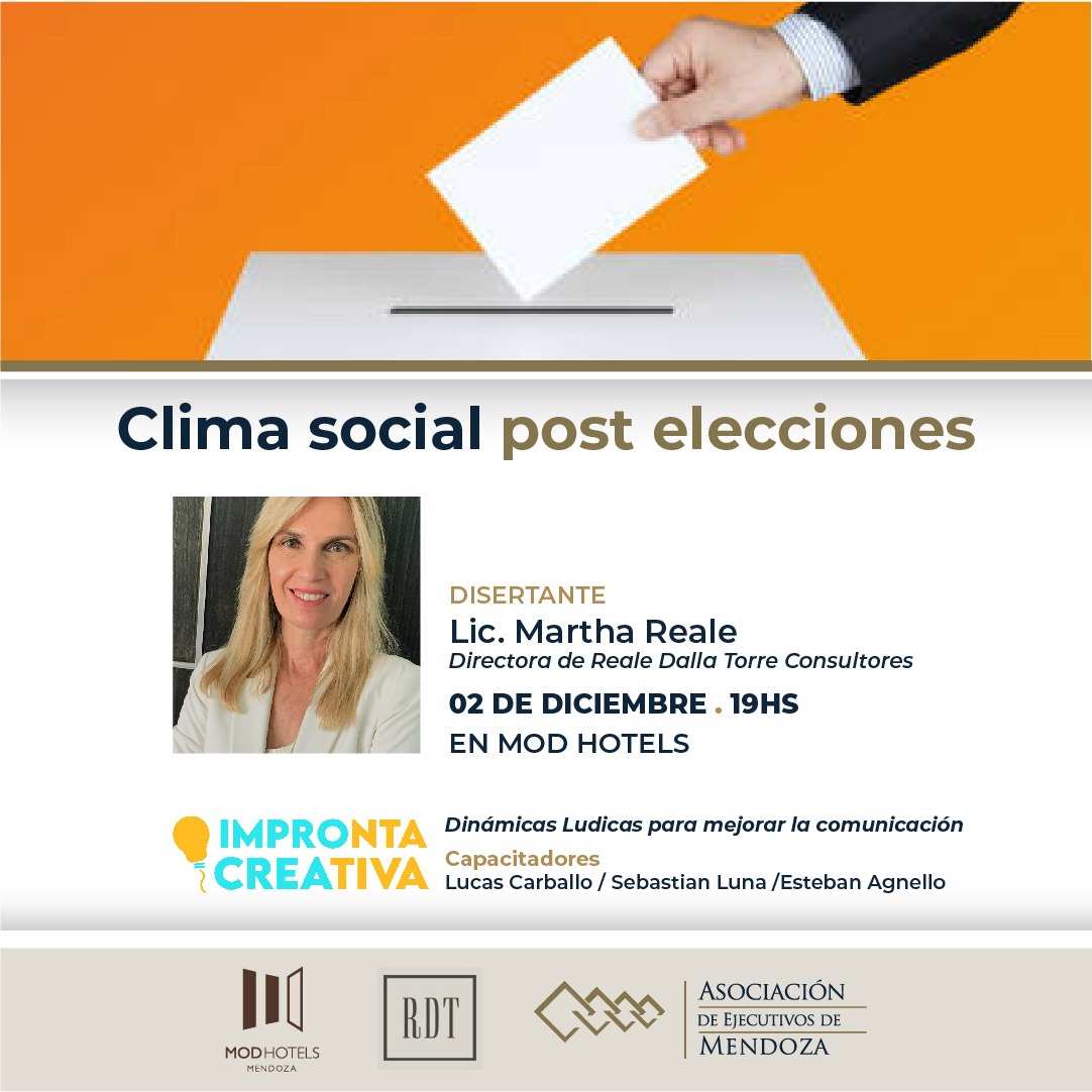 La Lic. Martha Reale presentará Clima social post elecciones. Al finalizar junto a Impronta Creativa y sus capacitadores Lucas Carballo, Sebastian Luna y Esteban Agnello nos enseñarán Dinámicas Ludicas para mejorar la comunicación.
Entradas en venta en:
lnkd.in/ewJY6Wy