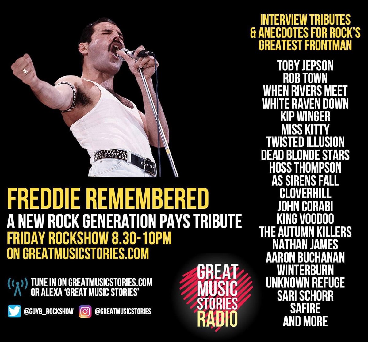 GuyB_rockshow's tweet photo. OK folks. Up in 2 mins a two hour celebration of the enduring legacy of Freddie. Anecdotes from 22 artists from a new generation on their hero. Up next on https://t.co/QwdpOSZDCT / Alexa ❤️ https://t.co/hBpkvl17iP
