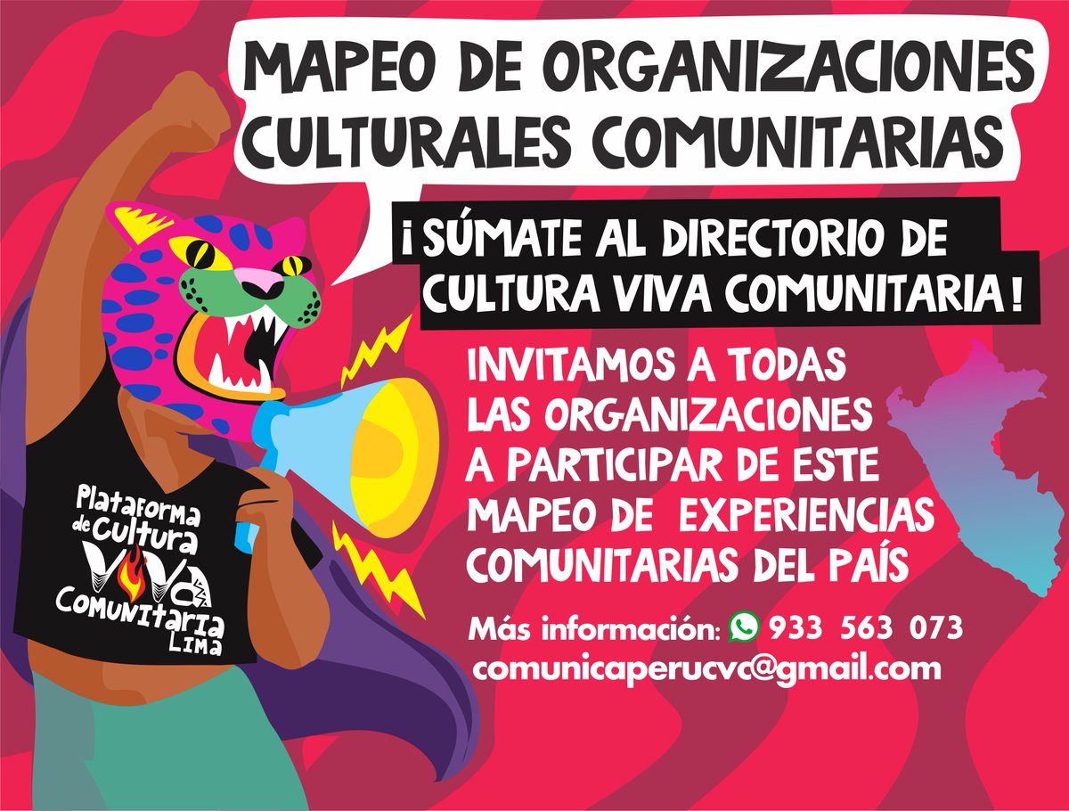 CVCPe's tweet image. 🔴 Mapeo de organizaciones de trabajo cultural comunitario del país..apúntate en el siguiente link -&amp;gt; forms.gle/sBQBU41HvE4wau…
También se pueden inscribir y hacer consultas vía Whatsapp: wa.link/i9arcz
📣#MapeoCultural #MapeoComunitario #CulturaVivaComunitaria