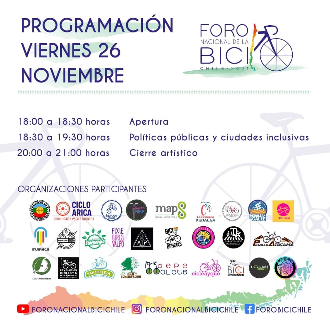 ATENCIÓN hoy viernes 18:00h sigue el #forobicichile2021. Diálogo descentralizado para compartir propuestas avanzando hacia la construcción de una bicired chilena. Felicitaciones a todas las gestoras y gestores de esta potente iniciativa.
Más info ➡️ <a href="/ForoBiciChile21/">#ForoBiciChile2021</a>