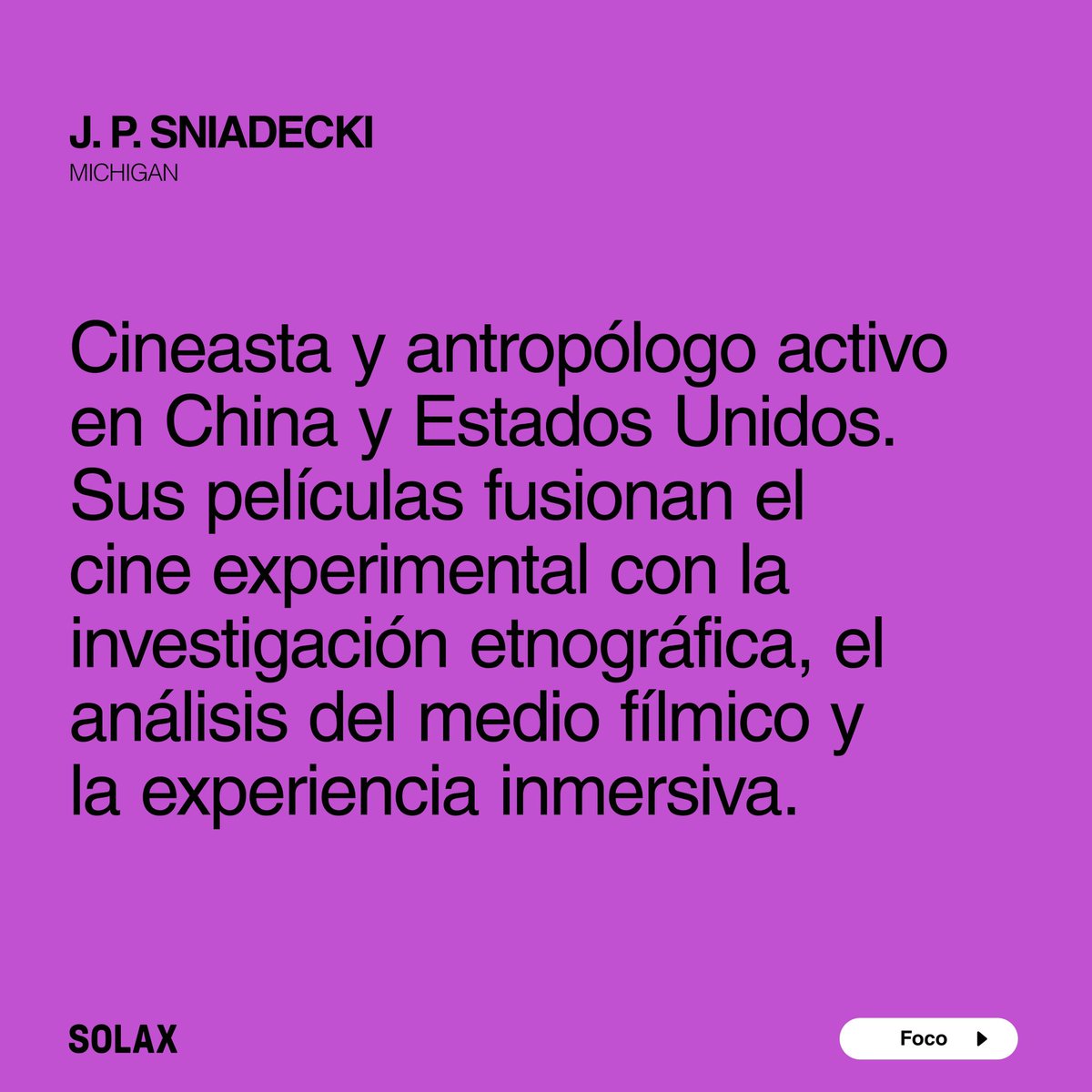 FOCO JP Sniadecki en solax.tv 

Llega desde hoy a SOLAX una completa retrospectiva del cineasta y antropólogo estadounidense. 

➡️ Suscríbete a solax.tv y disfruta lo mejor de los festivales de cine
