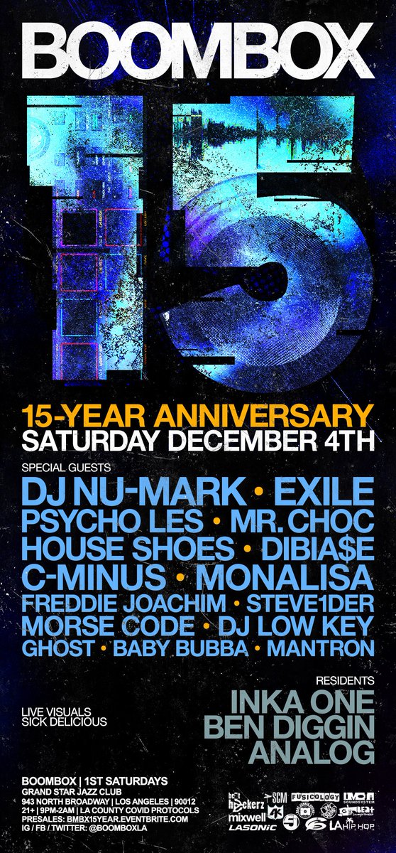 [SAT.12/4] we are humbled and honored to celebrate our 15-YEAR ANNIVERSARY with 15 of our favorite DJs &amp; producers dropping special 15 minute sets to mark the occasion!! gonna be one for the books. #thankyouLosAngeles
LIMITED DISCOUNT PRESALE TICKETS: bmbx15year.eventbrite.com