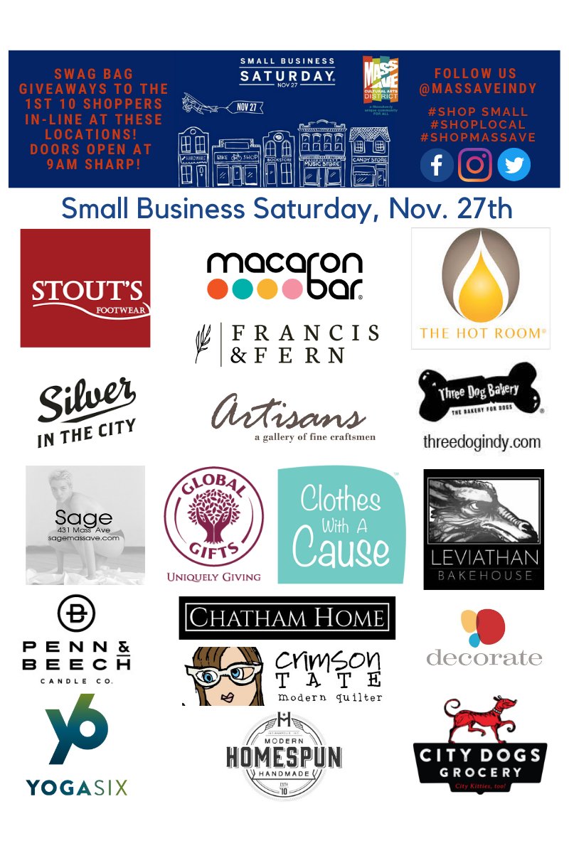 MassAveIndy's tweet photo. It's almost GO time for #SmallBusinessSaturday! Get here EARLY tomorrow morning to snag a swag bag at one of 18 locations to the first 10 shoppers in-line, when doors open at 9am SHARP! The swag bags are full of goodies, surprise 'super swag' &amp; discounts! https://t.co/W1jkuJlsEr https://t.co/TcpIoaLkgw