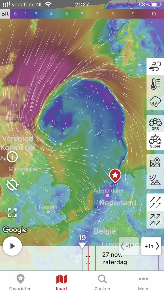 Wat een bijzondere wind verdeling vandaag op de Noordzee. Van windkracht 1 naar 11 binnen een afstand van 35 Mijl (Schotse kust)