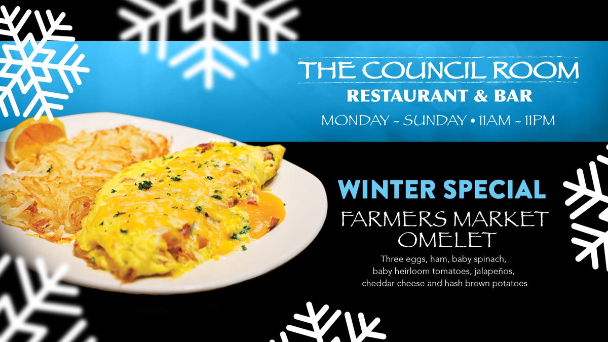 sandia_casino's tweet photo. Chill out w our #WinterSpecials at The #CouncilRoom!

Try our #FARMERSMARKET #OMELET, a tasty #breakfast of 3 eggs, ham, baby spinach, baby heirloom tomatoes, jalapeños &amp; cheddar cheese.

#sandia #sandiacasino #sandiaresort #casino #resort #casinodining #diningspecials #special https://t.co/ht3iHumfrA
