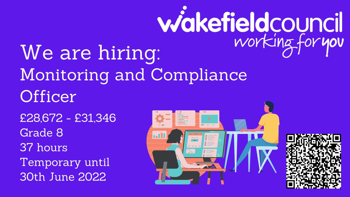 MyWakefield's tweet photo. 😁New job: 'Monitoring and Compliance Officer'
Application closing date 10/12/2021
Salary £28,672 - £31,346 Grade 8. 37 hours.
⏳Temporary until 30th June 2022
Apply: https://t.co/II6JxrW8a9
#wearehiring #jobsinwakefield #govermentgrant #community #newjob #hiringnow https://t.co/GwmNRsg7IB