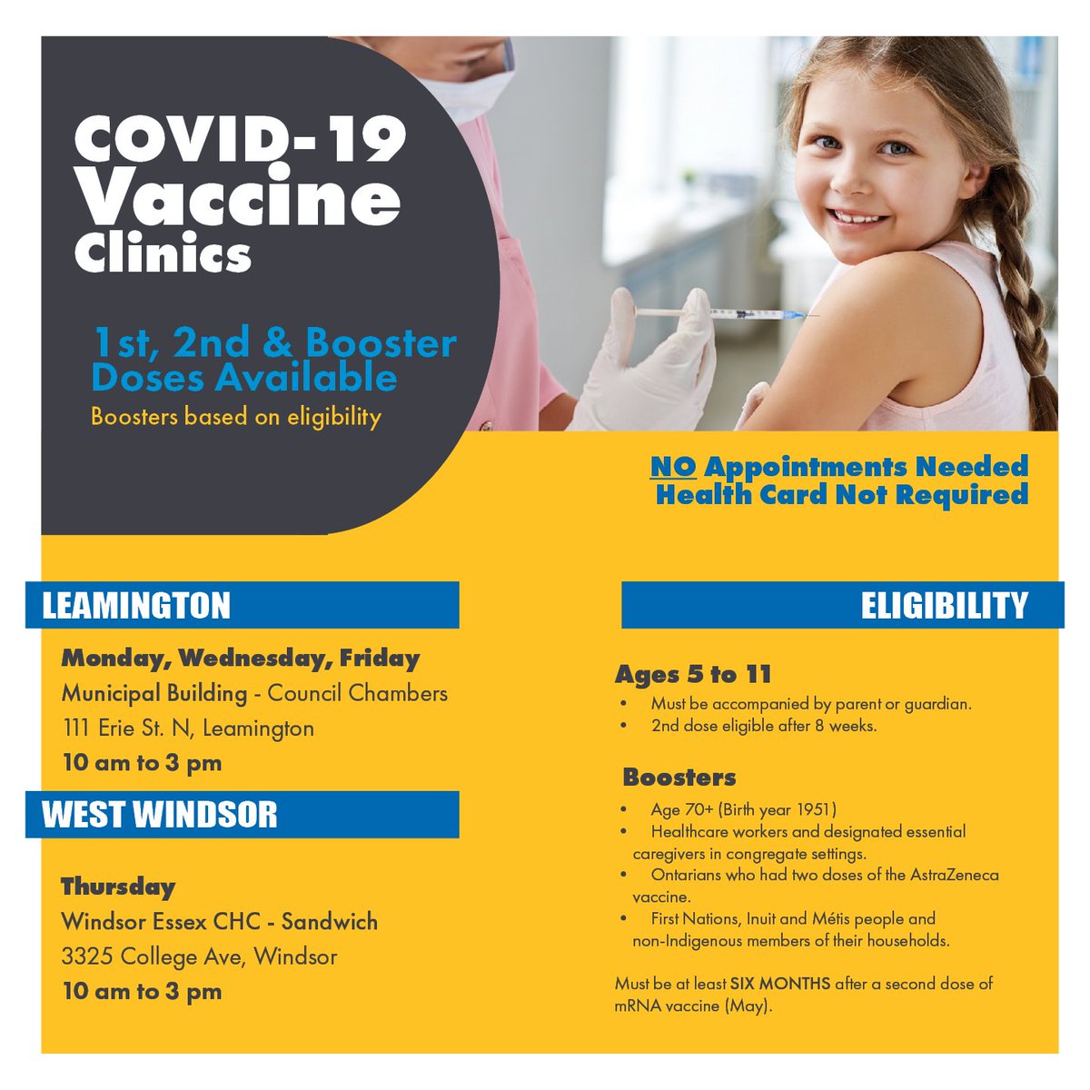 Pop-up COVID-19 vaccine clinics will continue to offer first, second and third doses to those who are eligible at the location below beginning Monday (Thursday for the West Windsor clinic). Please get vaccinated if you can so we can all start getting back to normal.