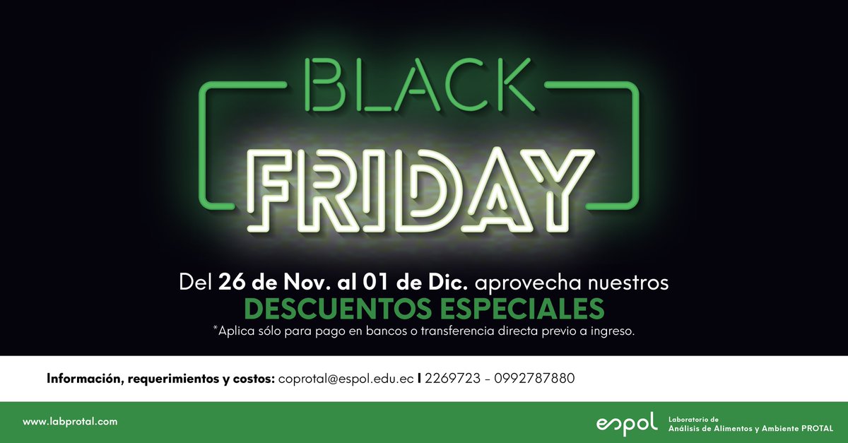 lab_protal's tweet image. ¡Aprovecha nuestros descuentos por BLACK FRIDAY!
#alimentos #ambiente #protal #espol #blackfriday #promo #Acreditado

Visita nuestra página web: labprotal.com
Síguenos en nuestras redes: myurls.co/labprotal

Contáctanos por Whatsapp aquí: api.whatsapp.com/send?phone=593…