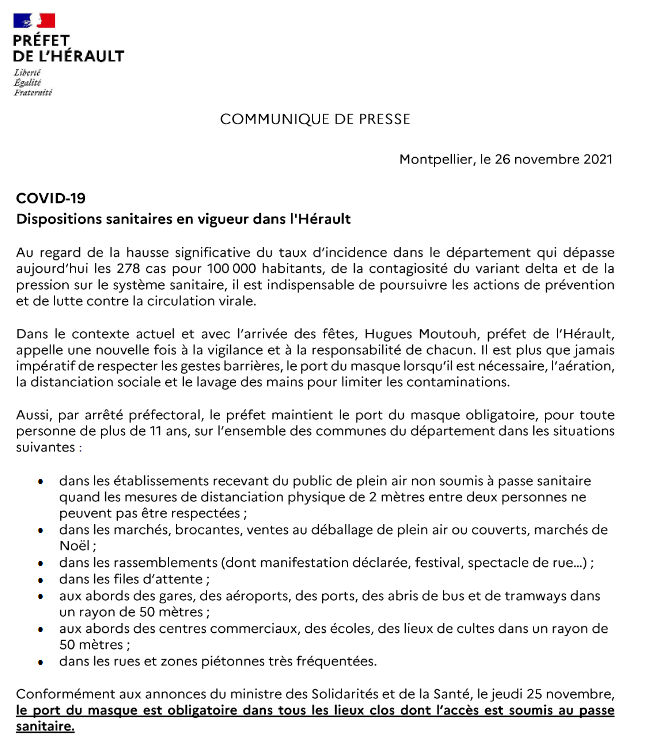 Prefet34's tweet photo. #COVID19|#Hérault Port du masque obligatoire
✅à l'extérieur dans les lieux à forte densité de population où les mesures de distanciation physique ne peuvent pas être respectées:marchés, brocantes,rassemblements..
✅dans tous les lieux clos y compris ceux soumis #PassSanitaire⤵️ https://t.co/ryTa6eXFRx