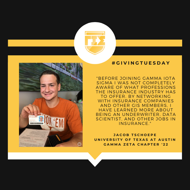 GammaIotaSigma's tweet photo. Jacob Tschoepe, member of the Gamma Zeta Chapter at The University of Texas at Austin, shares his GIS experience for #GivingTuesday. 

#GivetoGamma to #supportstudents like Jacob: https://t.co/NYsDQrexjr https://t.co/cNORyq2l17