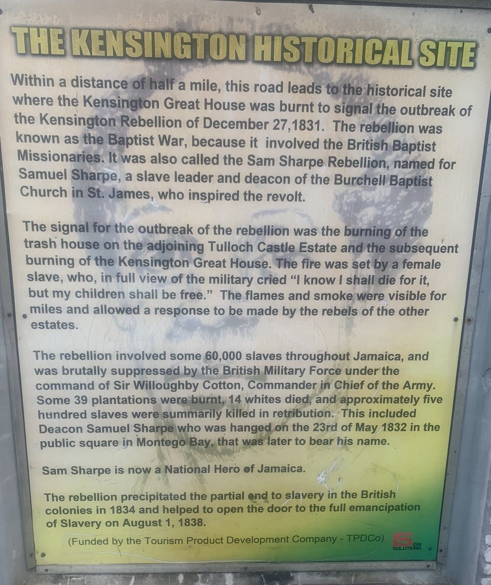 SirGeoffPalmer's tweet photo. Our Slavery/Sam Sharpe Rebellion 1831-1832: This memorial was sent to me today from Jamaica by Claudius England, the Jamaican musician, where it stands proudly. Some 60,000 slaves fought for their freedom, about 500 were killed. Sharpe was hanged. Our History/Slavery...we fought. https://t.co/oK6ZpojnqA