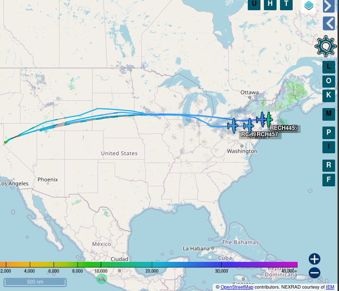 TheIntelFrog's tweet photo. A gaggle of C-130s out of Reno, NV eastbound over PA/NY area.  

Is gaggle the proper vernacular for a group of C-130s?  Flock maybe a better descriptor?

#ADFDC0 RCH457 C-130H
#ADFDC1 RCH914 C-130H
#ADFE84 RCH185 C-130H
#ADFE82 RECH445 C-130H https://t.co/EASFLjhpzb