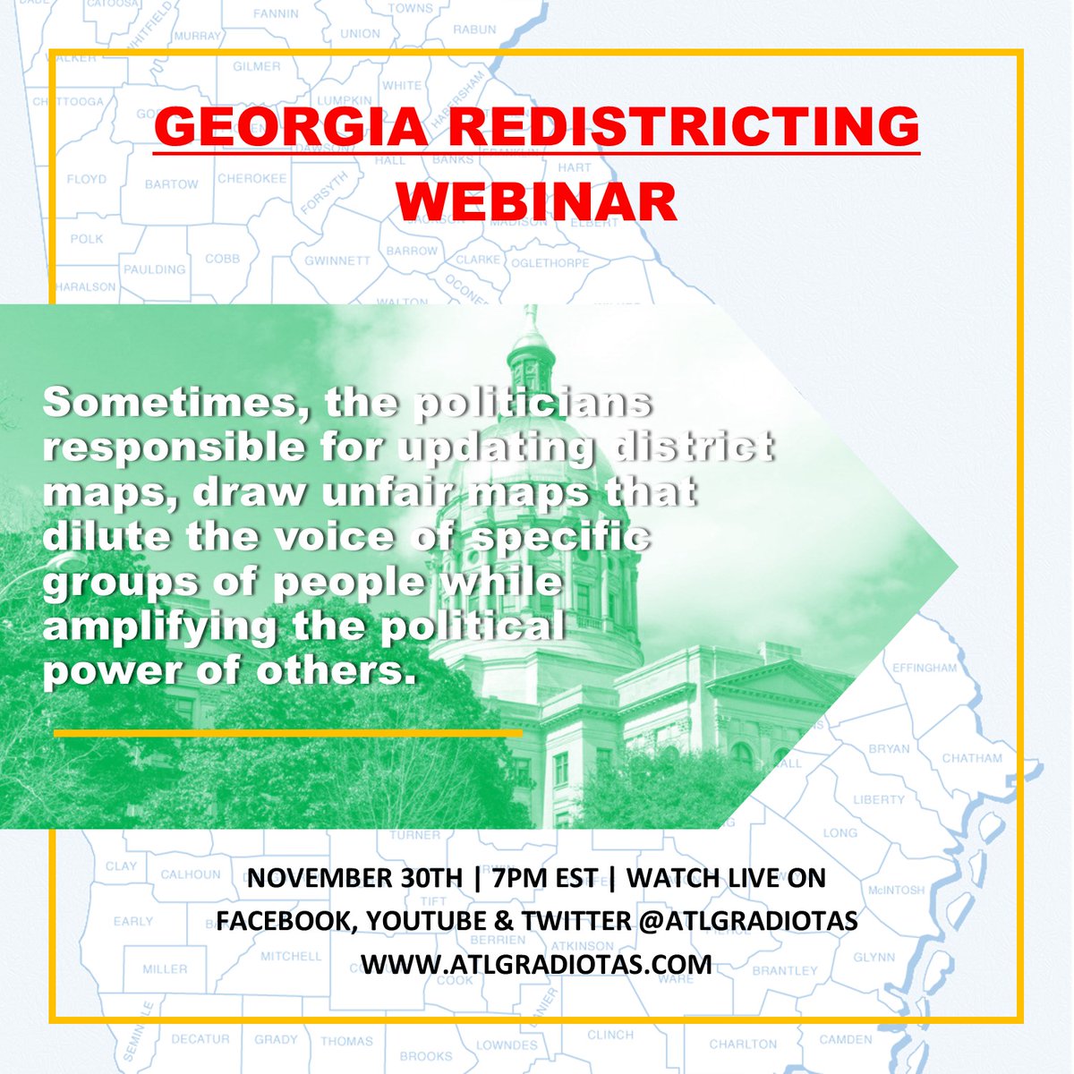 atlgradiotas's tweet photo. Sometimes, the politicians responsible for updating district maps, draw unfair maps that dilute the voice of specific groups of people while amplifying the political power of others. https://t.co/g3GIMAUfJa