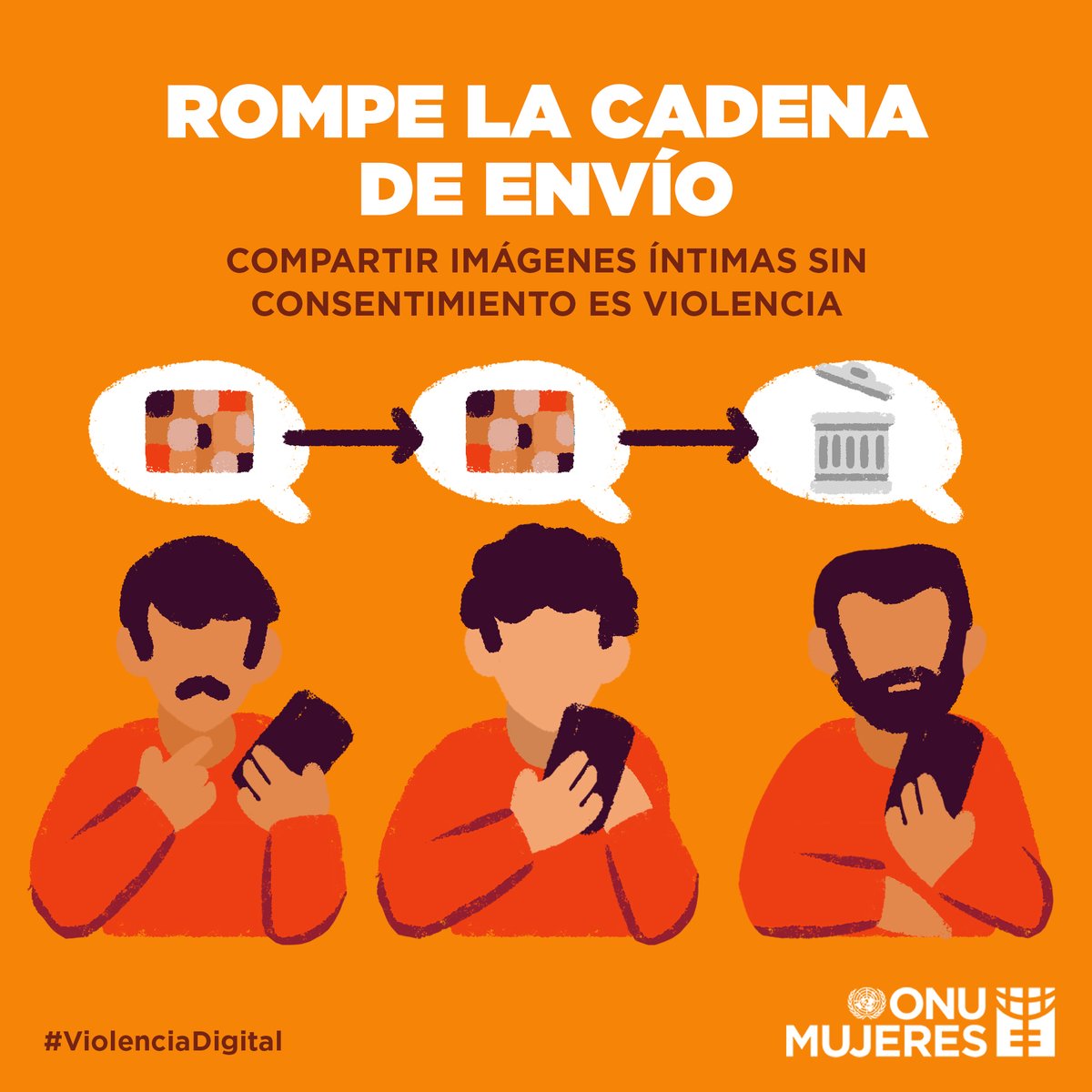¡Tú puedes actuar de manera diferente!

Rompe la cadena de envío 📱🔗

Compartir fotos íntimas sin consentimiento también es violencia. 

#ViolenciaDigital #16dias