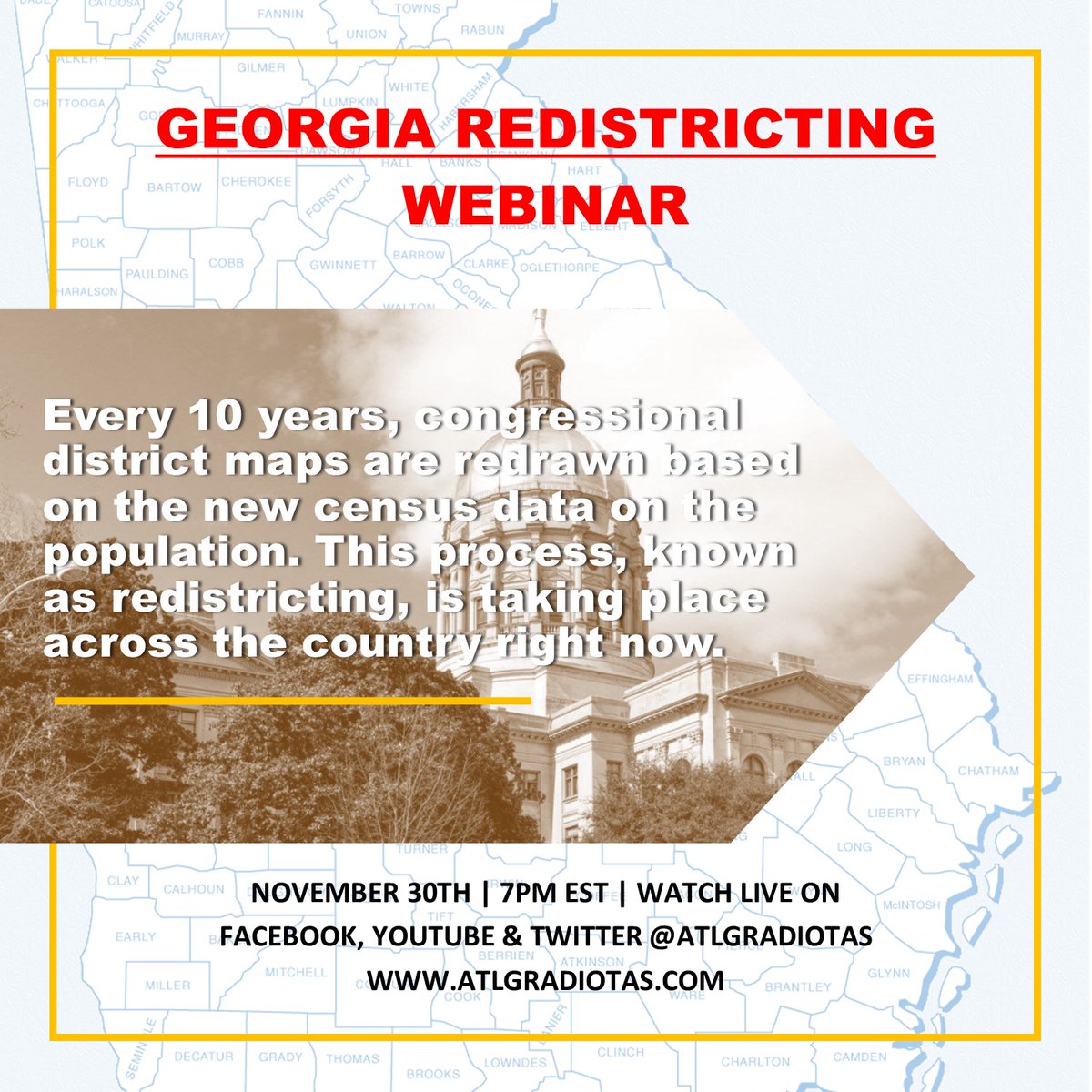 atlgradiotas's tweet photo. Every 10 years, congressional district maps are redrawn based on the new census data on the population. This process, known as redistricting, is taking place across the country right now. https://t.co/vbniESH2Hj