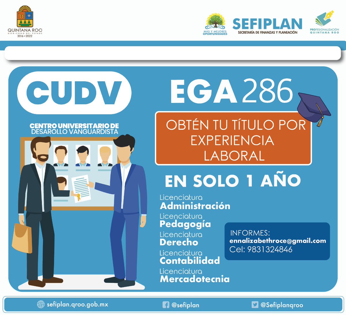 MiPortalQRoo's tweet photo. Aprovecha los convenios de colaboración con instituciones educativas como el #CUDV, puedes obtener tu título profesional por experiencia laboral en un año para personal de @GobQuintanaRoo
Informes al: cae.om@qroo.gob.mx o marca al teléfono 9831324846 https://t.co/x934vsRVbW