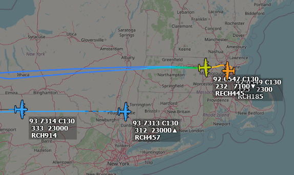 ameliairheart's tweet photo. USAF C-130 92-0547 and 92-0549 on approach for Hanscom AFB, MA from Reno-Tahoe International Airport, NV. C-130s 93-7314 and 93-7313 about to pass over Connecticut. #ADSB #ADFE84 #ADFE82 #ADFDC0 #ADFDC1 https://t.co/sVnXCwpqLj