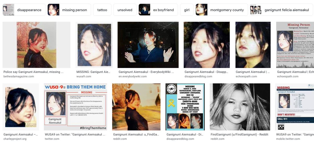 ganignunt's tweet photo. For years, hardly any information existed online about Ganignunt "Felicia" Aiemsakul's 2002 disappearance. It's now 2021. Thankful for #Twitter. Thankful for #Technology. Thankful for #Information. #TimeforAnswers. #PatientlyWaiting. https://t.co/XEVgxSQFn1