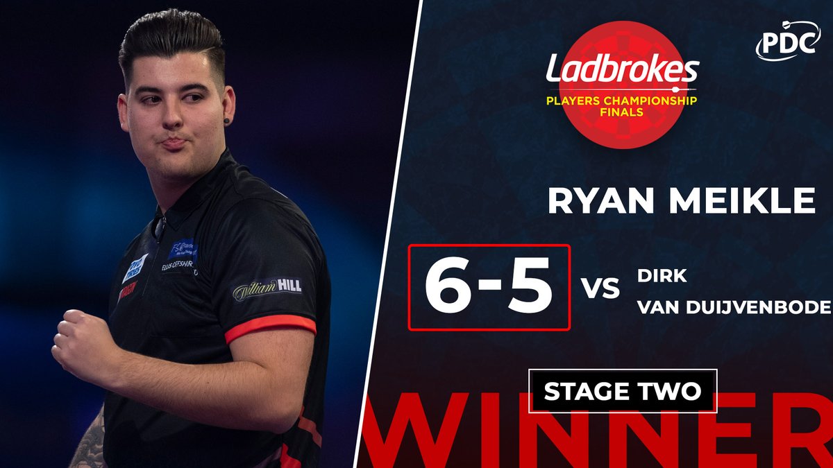 OfficialPDC's tweet photo. 𝗠𝗘𝗜𝗞𝗟𝗘 𝗪𝗜𝗡𝗦!🏴󠁧󠁢󠁥󠁮󠁧󠁿

Ryan Meikle lands a 116 checkout in the deciding leg to dump out last year's quarter-finalist Dirk van Duijvenbode.

Big celebrations from Meikle at the end of that one! https://t.co/aWMpg9uhi3