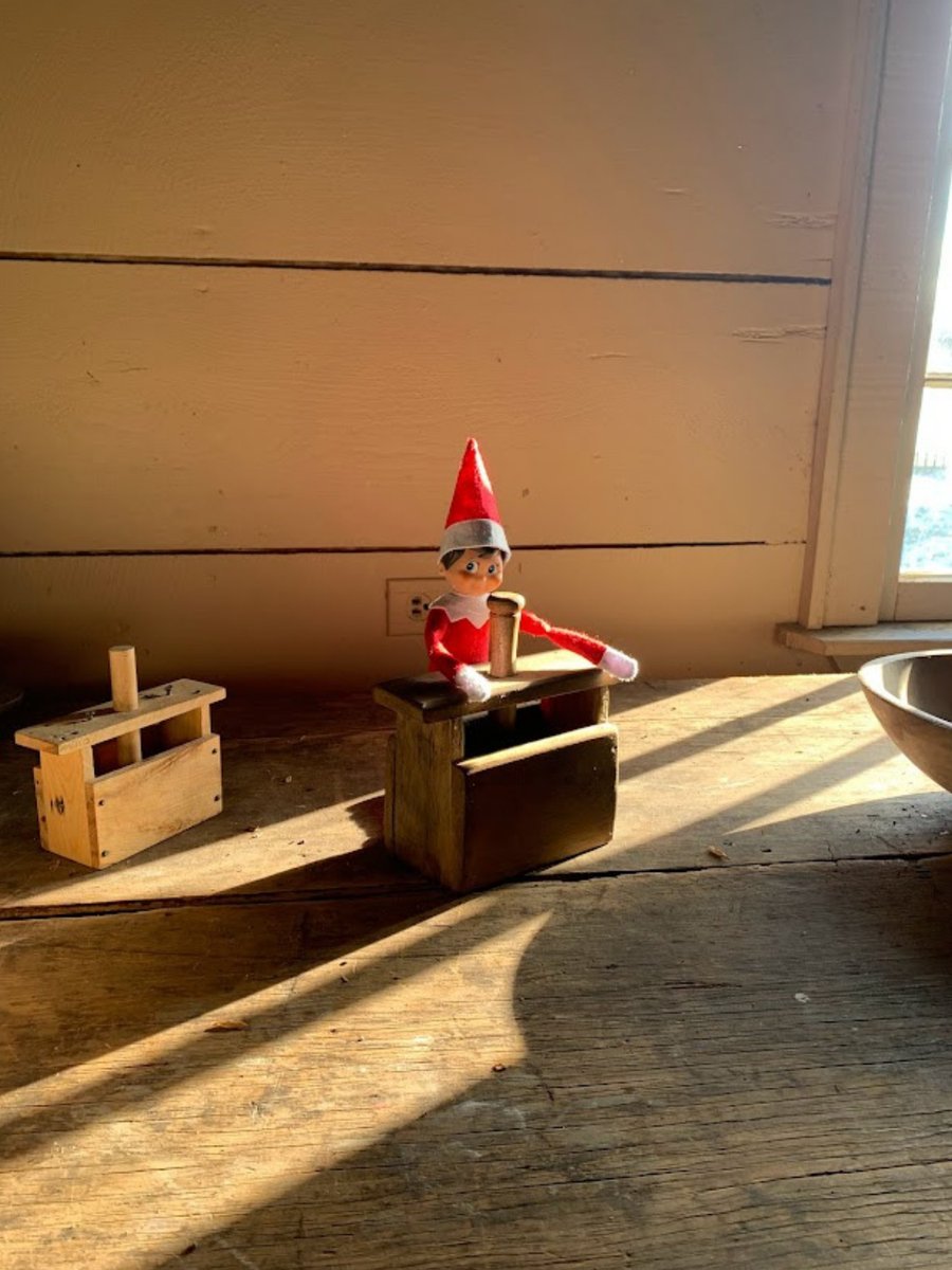 sharonmuseum's tweet photo. I walked into the cookhouse and look who I found! Willy the elf pressing butter with a wooden butter press mold from the mid 1800s 🧈 Butter presses were used to mold the butter into an easy to use shape. @elfontheshelf
#elfontheshelf #buttermold #butterpress https://t.co/cNU1tCKUdr